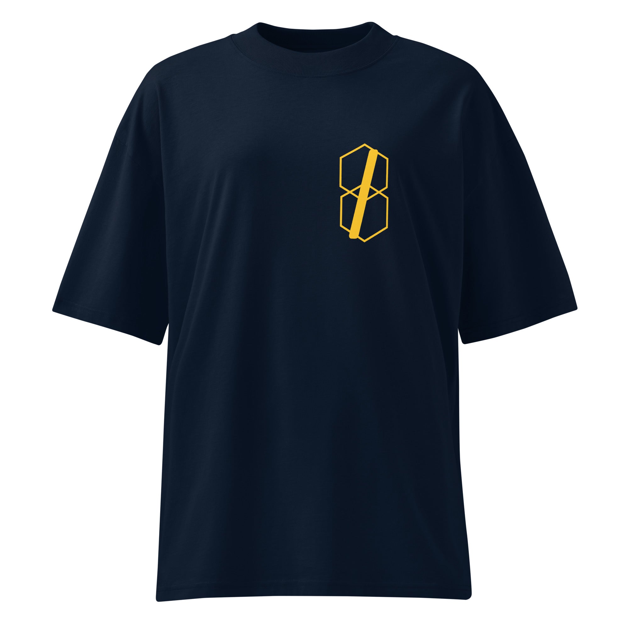 dark blue t shirt with yellow monogram