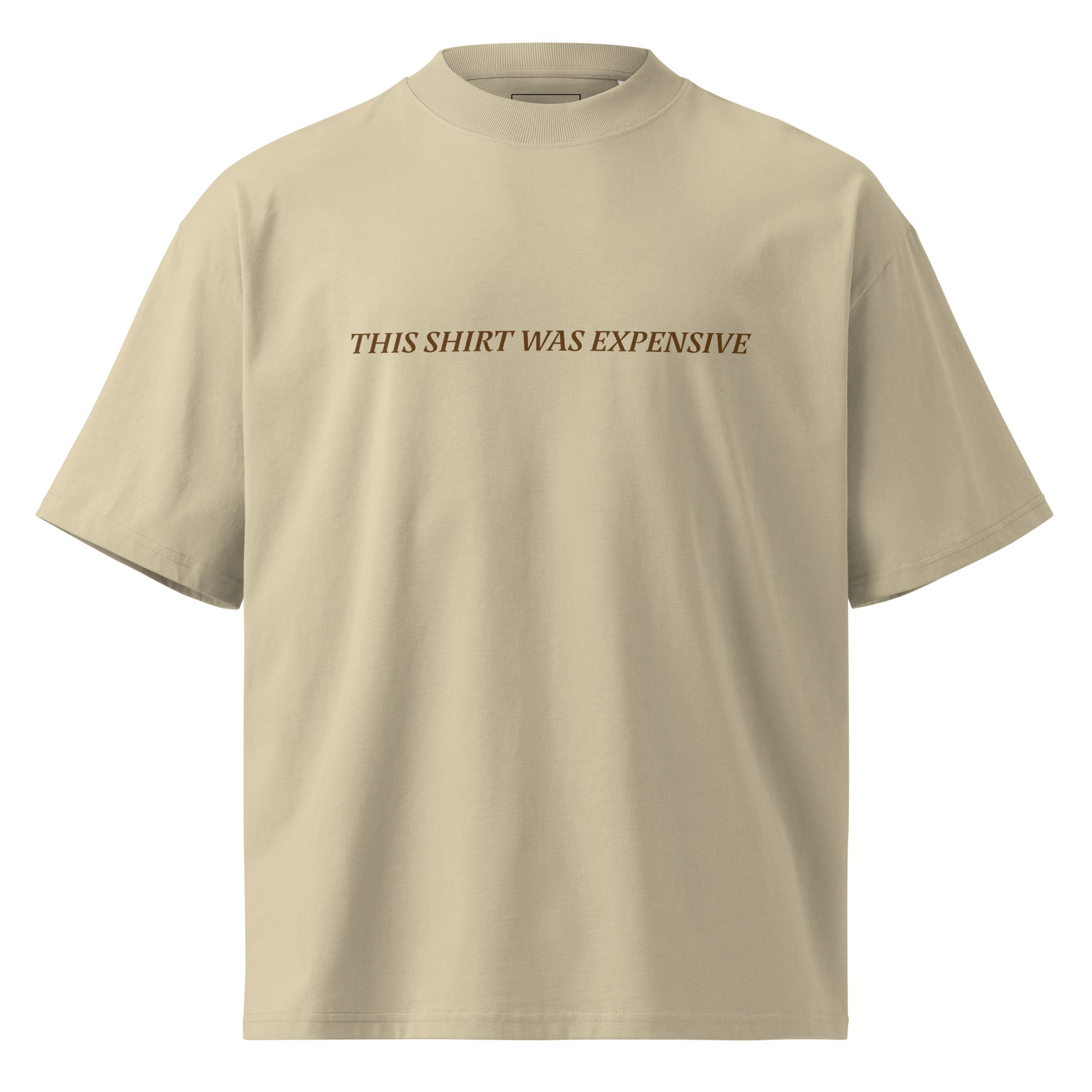 tan t shirt with a printed logo 