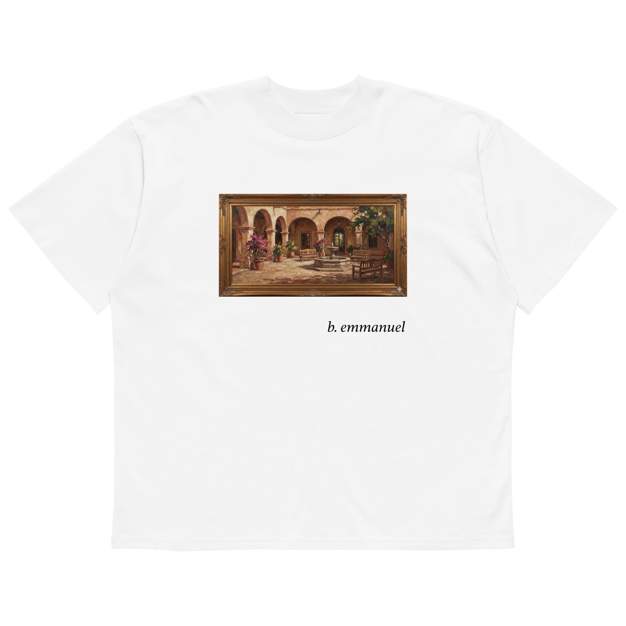 white cotton shirt with picture of a hacienda